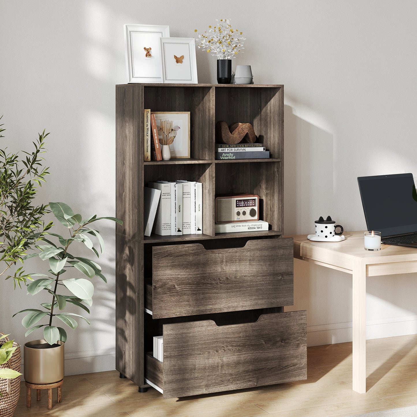 4-Cube Bookcase with 2 Drawers 51 inch 5-Tier Tall Freestanding Bookshelf, Gray Bookcases at Gallery Canada
