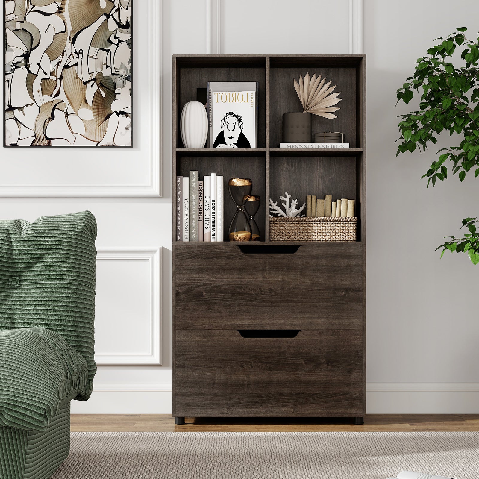 4-Cube Bookcase with 2 Drawers 51 inch 5-Tier Tall Freestanding Bookshelf, Gray Bookcases at Gallery Canada
