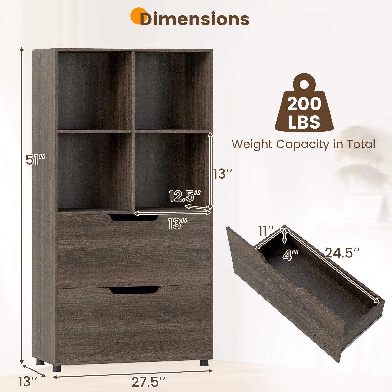 4-Cube Bookcase with 2 Drawers 51 inch 5-Tier Tall Freestanding Bookshelf, Gray Bookcases at Gallery Canada