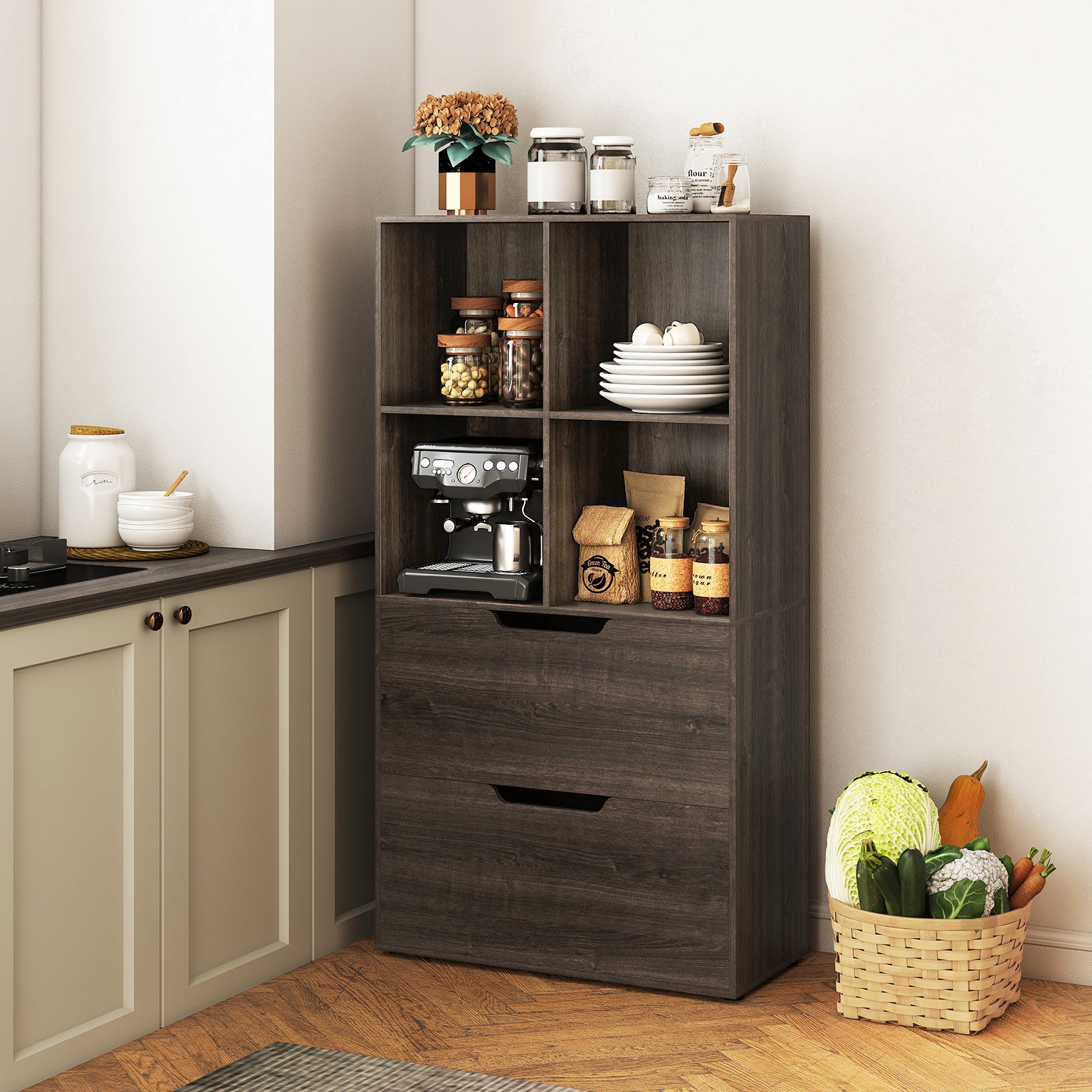 4-Cube Bookcase with 2 Drawers 51 inch 5-Tier Tall Freestanding Bookshelf, Gray Bookcases at Gallery Canada