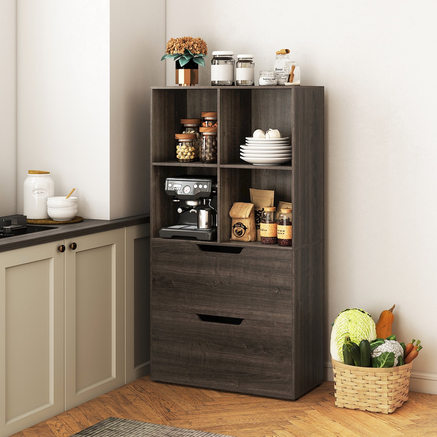 4-Cube Bookcase with 2 Drawers 51 inch 5-Tier Tall Freestanding Bookshelf, Gray Bookcases at Gallery Canada