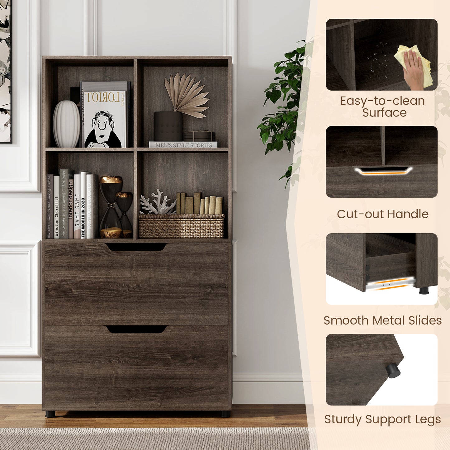 4-Cube Bookcase with 2 Drawers 51 inch 5-Tier Tall Freestanding Bookshelf, Gray Bookcases at Gallery Canada