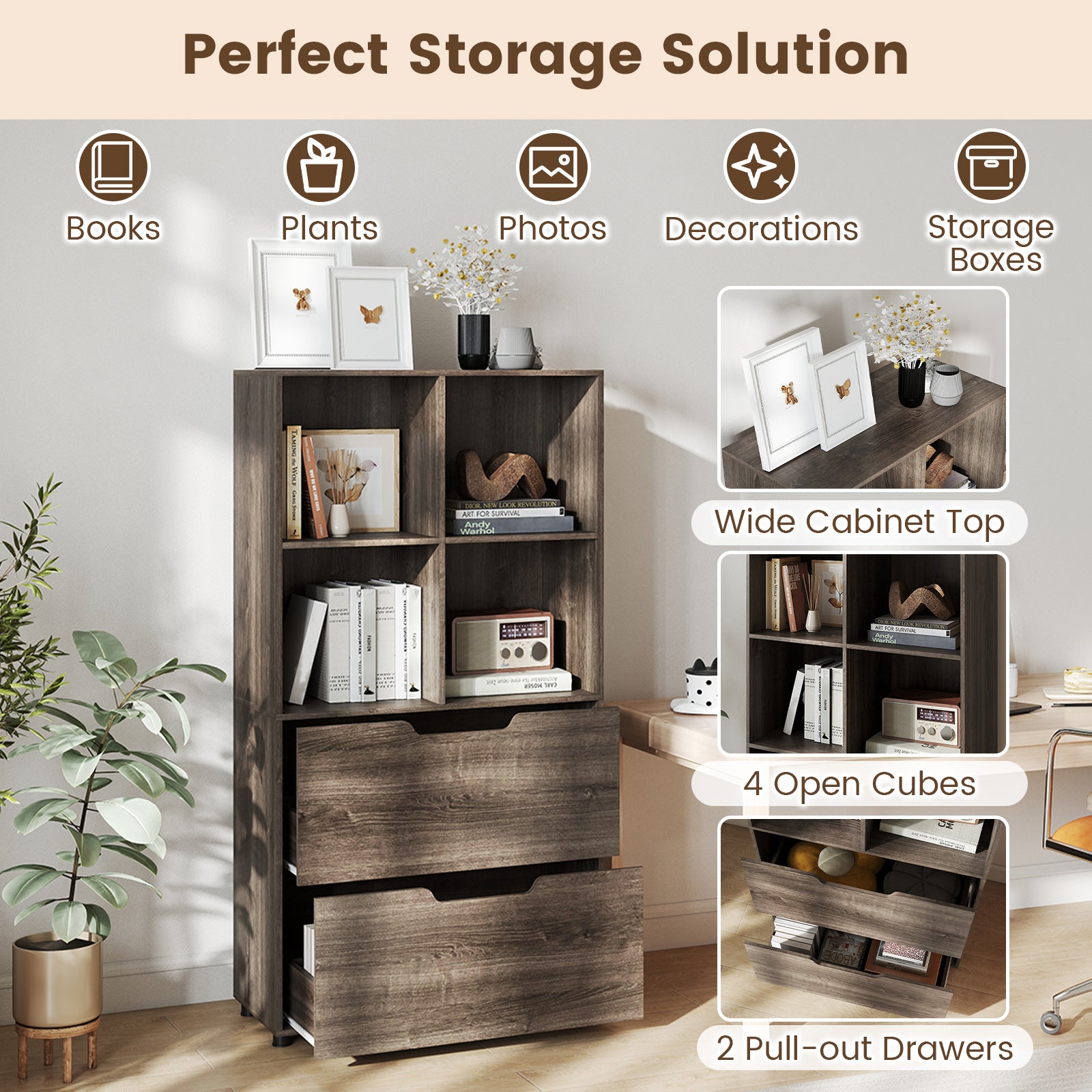 4-Cube Bookcase with 2 Drawers 51 inch 5-Tier Tall Freestanding Bookshelf, Gray Bookcases at Gallery Canada