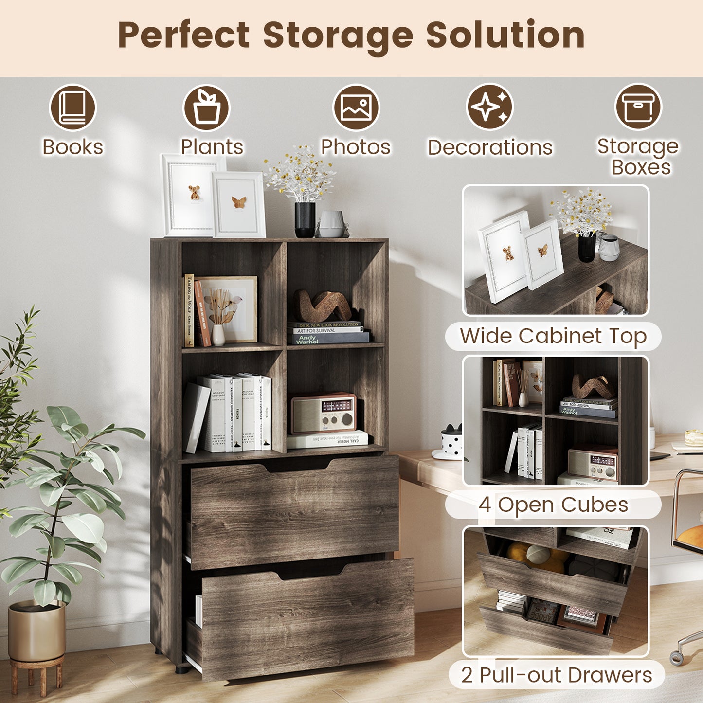 4-Cube Bookcase with 2 Drawers 51 inch 5-Tier Tall Freestanding Bookshelf, Gray Bookcases at Gallery Canada