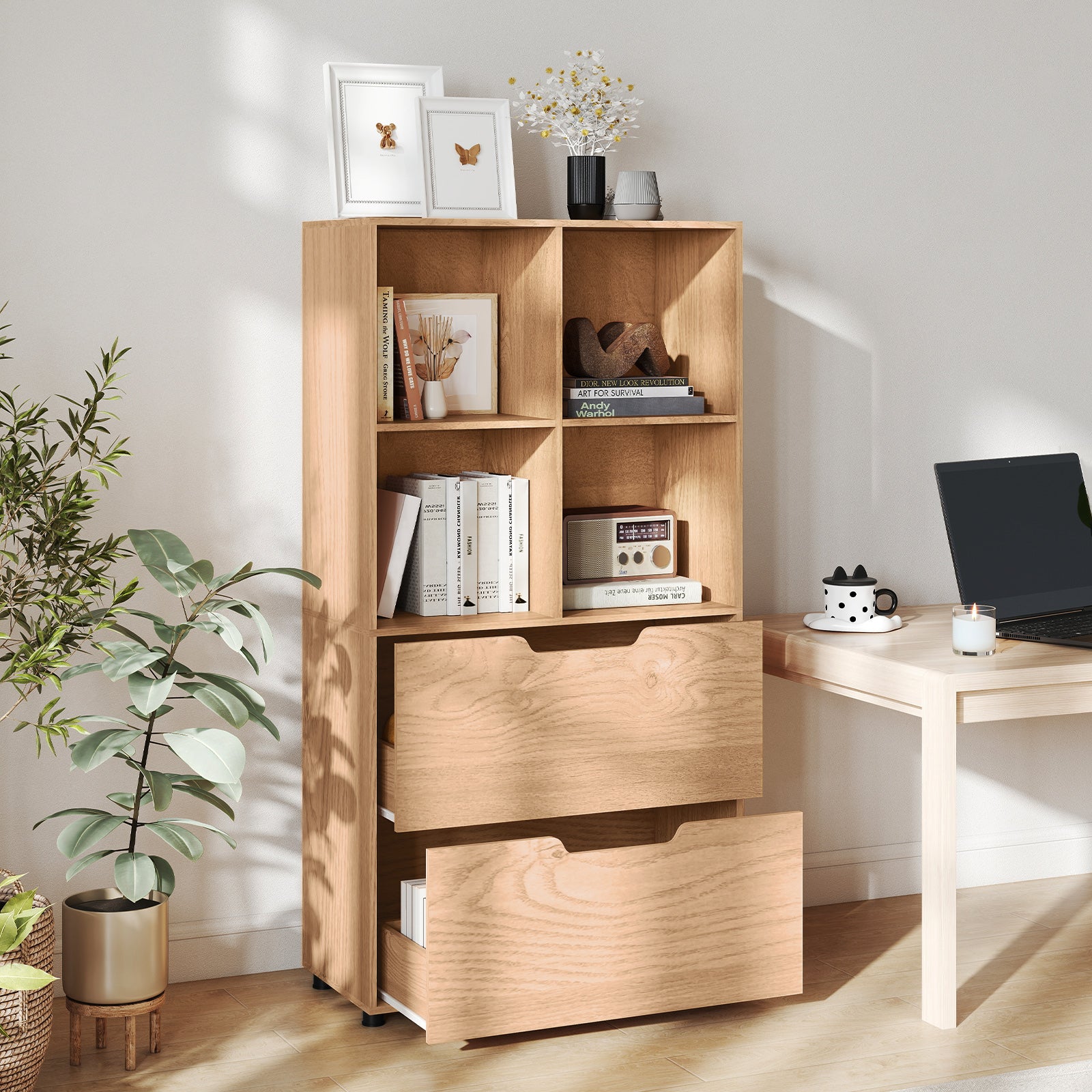 4-Cube Bookcase with 2 Drawers 51 inch 5-Tier Tall Freestanding Bookshelf, Natural Bookcases at Gallery Canada