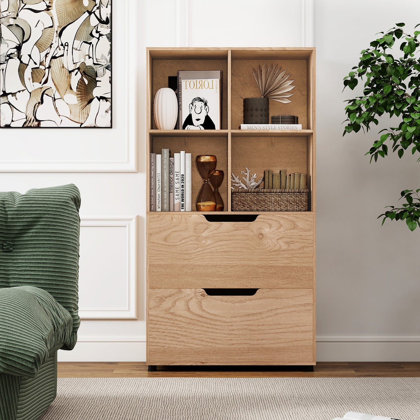 4-Cube Bookcase with 2 Drawers 51 inch 5-Tier Tall Freestanding Bookshelf, Natural Bookcases at Gallery Canada