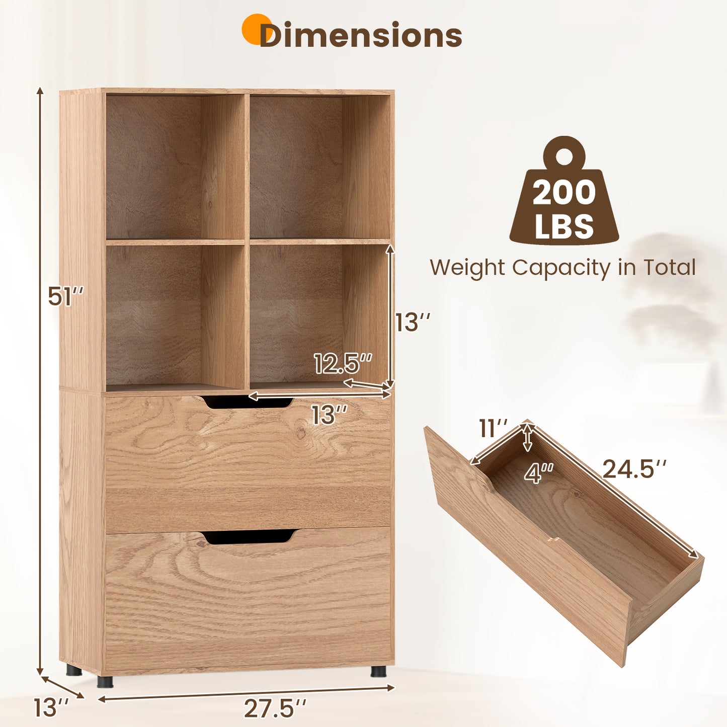 4-Cube Bookcase with 2 Drawers 51 inch 5-Tier Tall Freestanding Bookshelf, Natural Bookcases at Gallery Canada