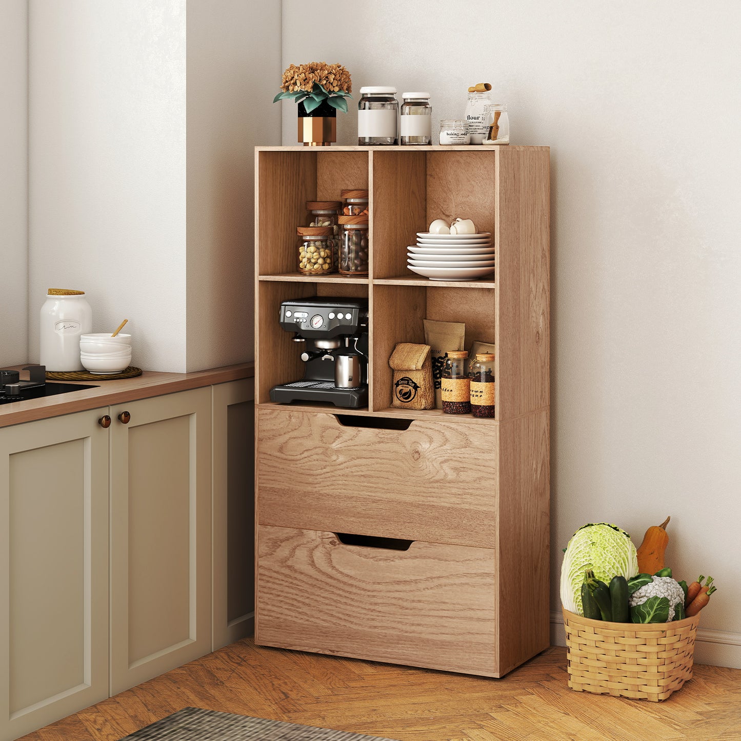 4-Cube Bookcase with 2 Drawers 51 inch 5-Tier Tall Freestanding Bookshelf, Natural Bookcases at Gallery Canada
