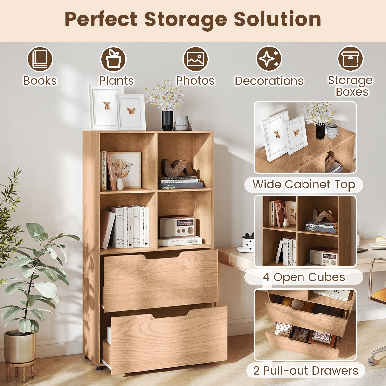 4-Cube Bookcase with 2 Drawers 51 inch 5-Tier Tall Freestanding Bookshelf, Natural Bookcases at Gallery Canada