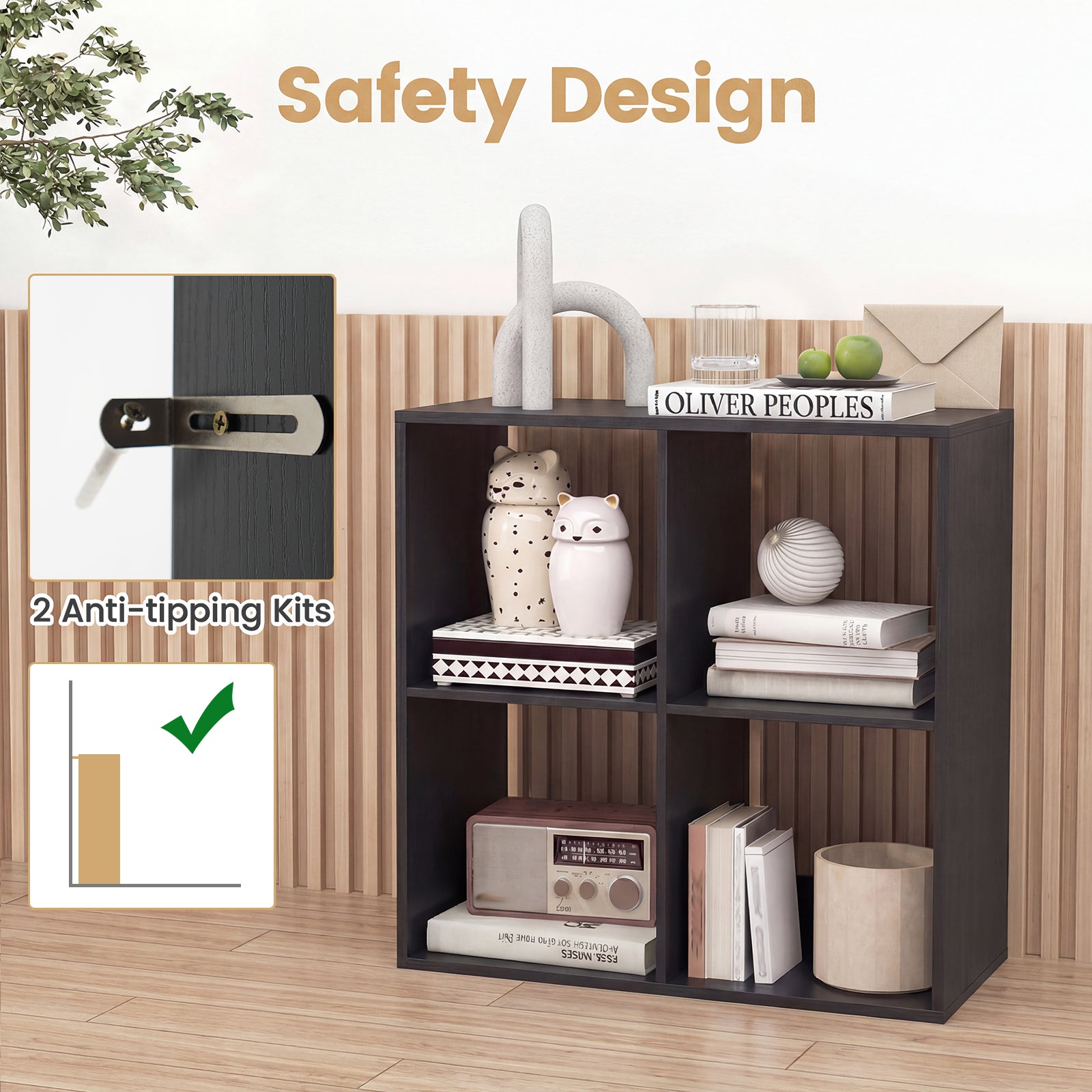 4 Cube Bookshelf with Back Guardrail for Living Room Bedroom, Black Bookcases at Gallery Canada