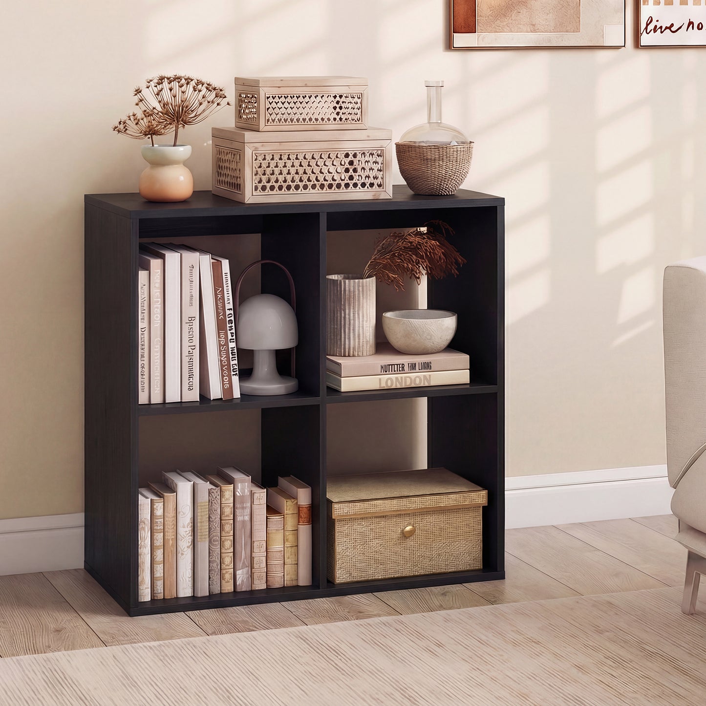 4 Cube Bookshelf with Back Guardrail for Living Room Bedroom, Black Bookcases at Gallery Canada