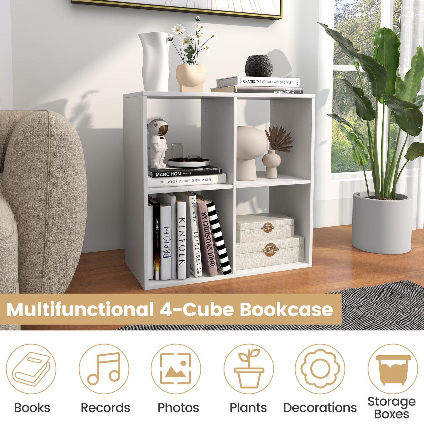 4 Cube Bookshelf With Back Guardrail, White Bookcases at Gallery Canada