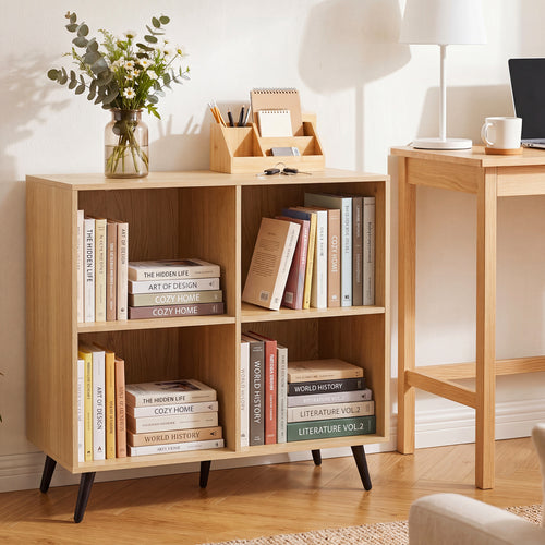 4-Cube Wooden Bookshelf with 5 Metal Legs, Natural
