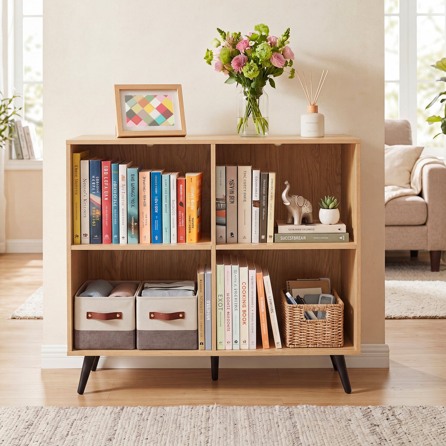 4-Cube Wooden Bookshelf with 5 Metal Legs, Natural