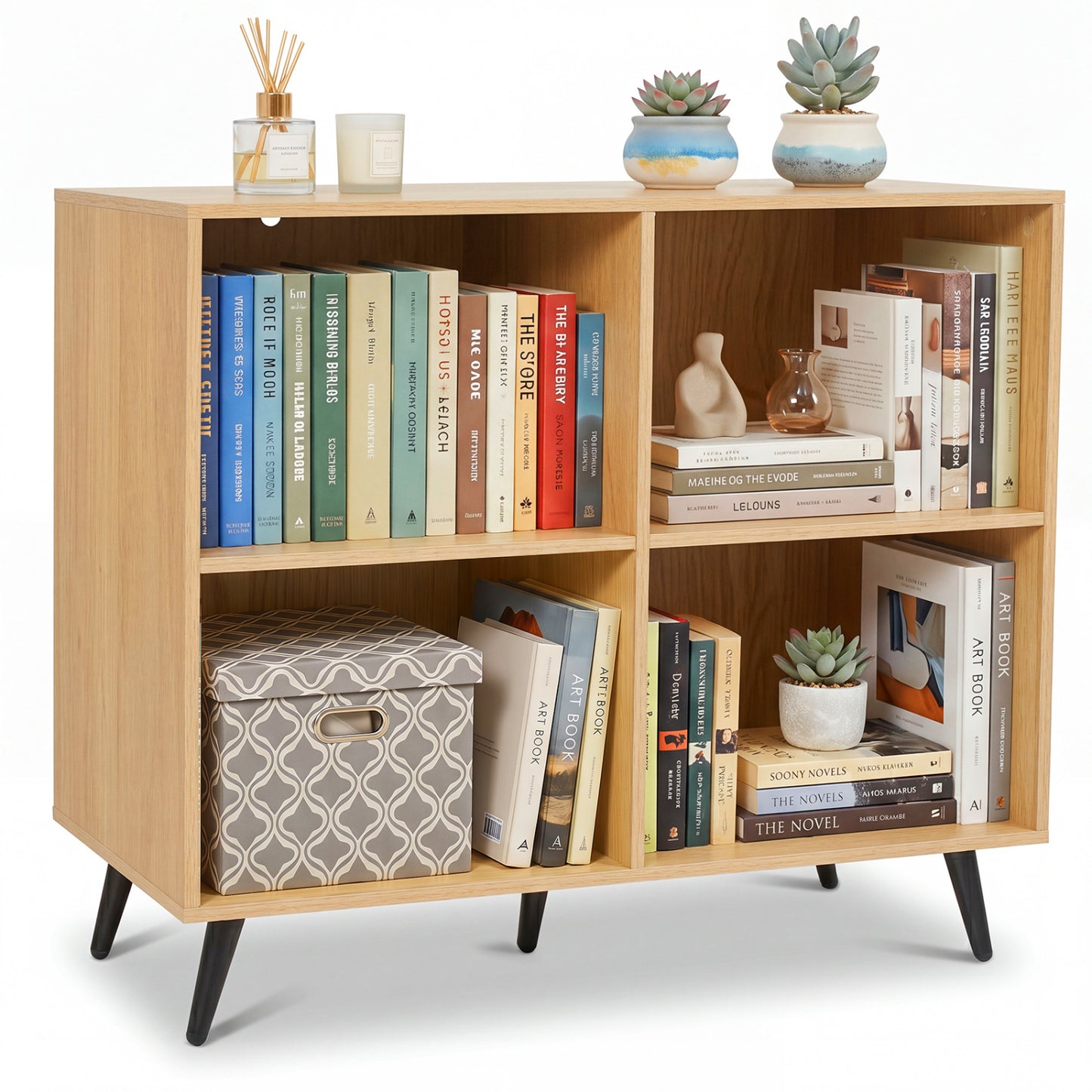 4-Cube Wooden Bookshelf with 5 Metal Legs, Natural