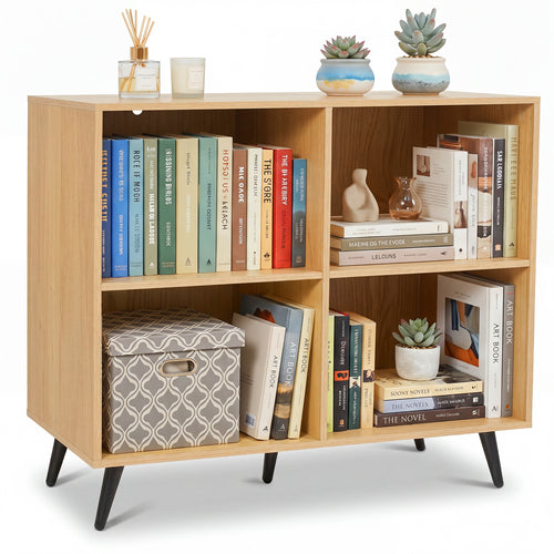 4-Cube Wooden Bookshelf with 5 Metal Legs, Natural