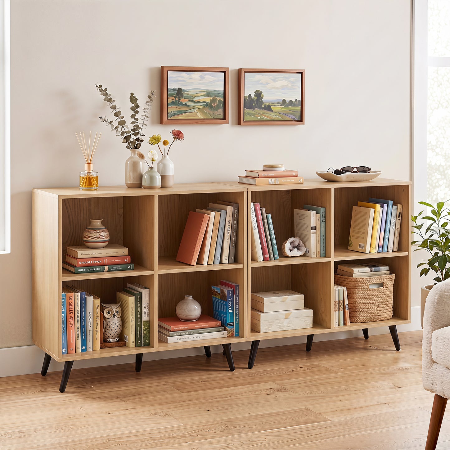 4-Cube Wooden Bookshelf with 5 Metal Legs, Natural
