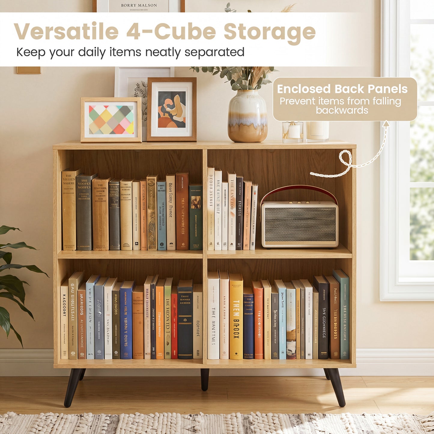 4-Cube Wooden Bookshelf with 5 Metal Legs, Natural