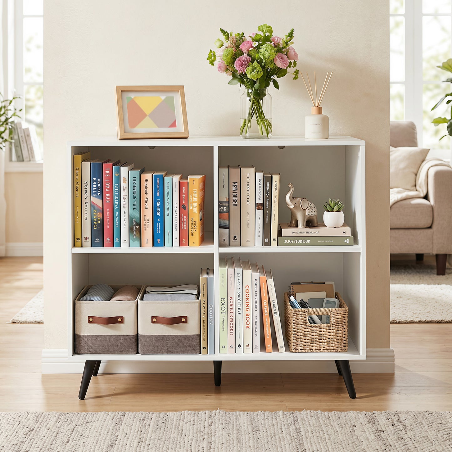 4-Cube Wooden Bookshelf, 5 Metal Legs, White