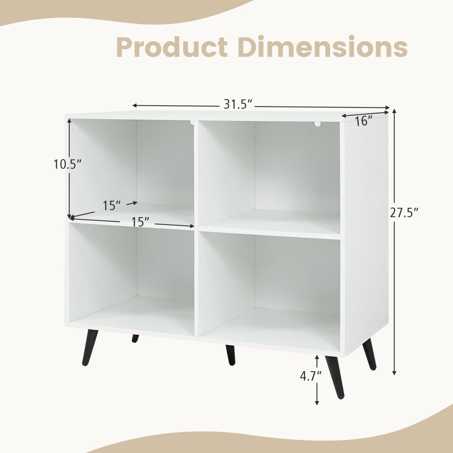 4-Cube Wooden Bookshelf, 5 Metal Legs, White