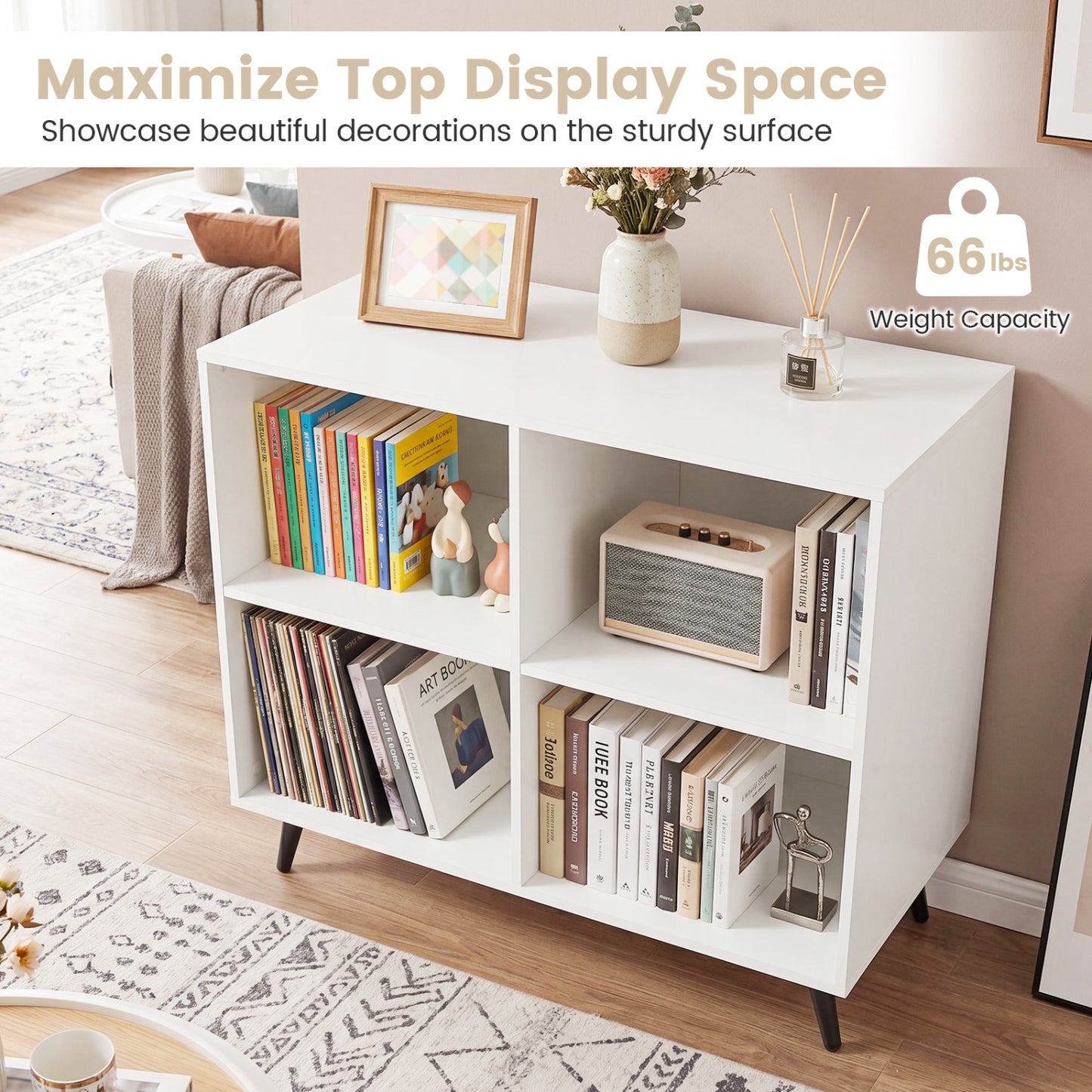4-Cube Wooden Bookshelf, 5 Metal Legs, White