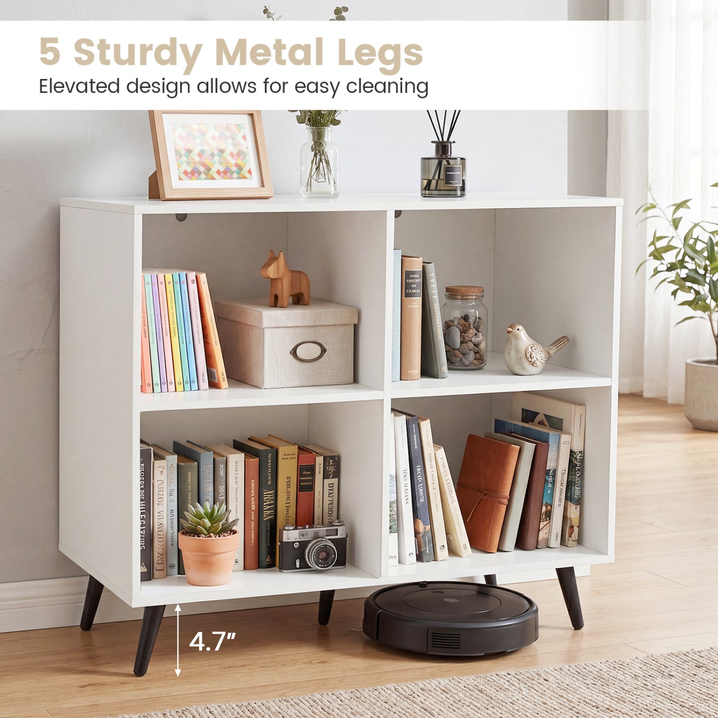 4-Cube Wooden Bookshelf, 5 Metal Legs, White
