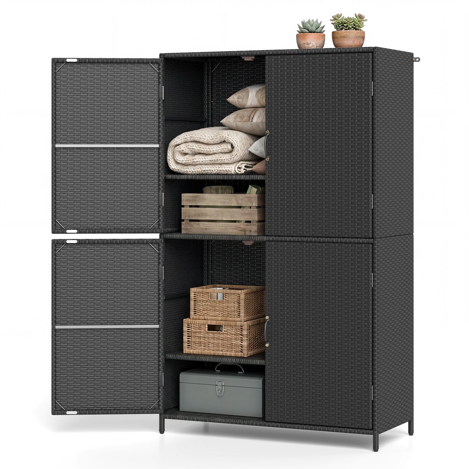 4-Door Rattan Vertical Storage Shed with Adjustable Shelves, Black Sheds & Outdoor Storage at Gallery Canada