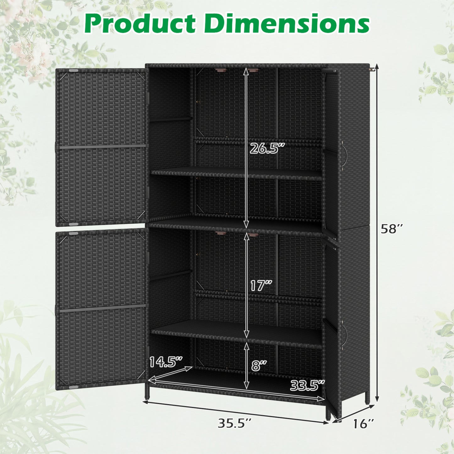 4-Door Rattan Vertical Storage Shed with Adjustable Shelves, Black Sheds & Outdoor Storage at Gallery Canada