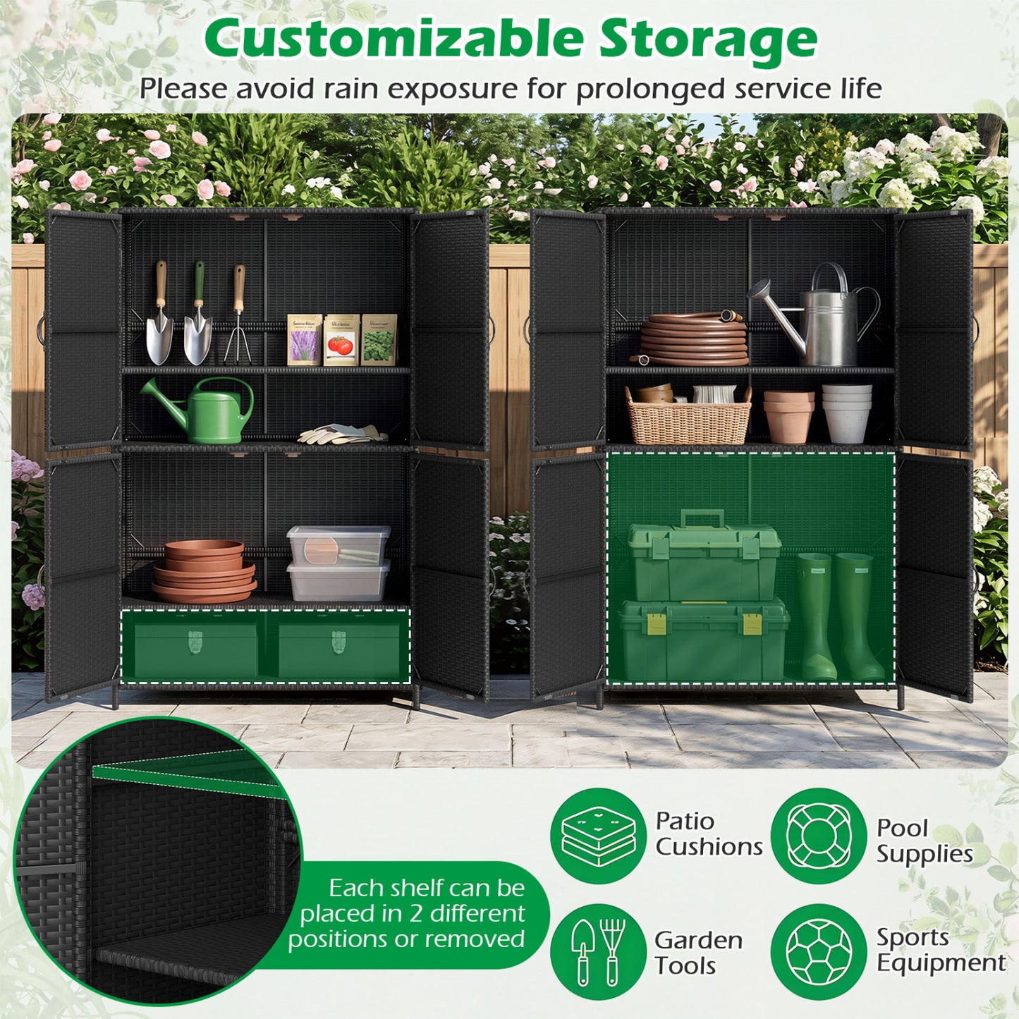 4-Door Rattan Vertical Storage Shed with Adjustable Shelves, Black Sheds & Outdoor Storage at Gallery Canada