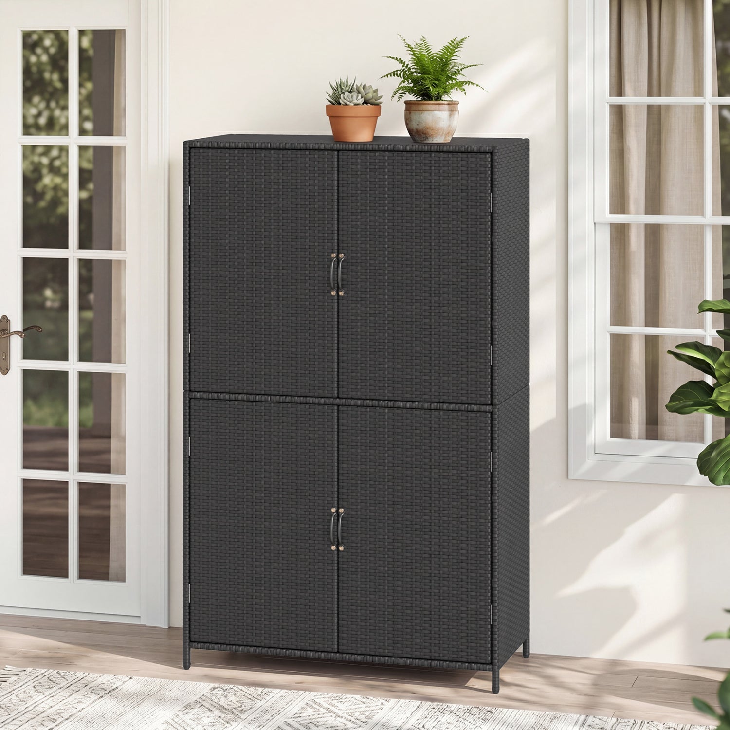 4-Door Rattan Vertical Storage Shed with Adjustable Shelves, Black Sheds & Outdoor Storage at Gallery Canada