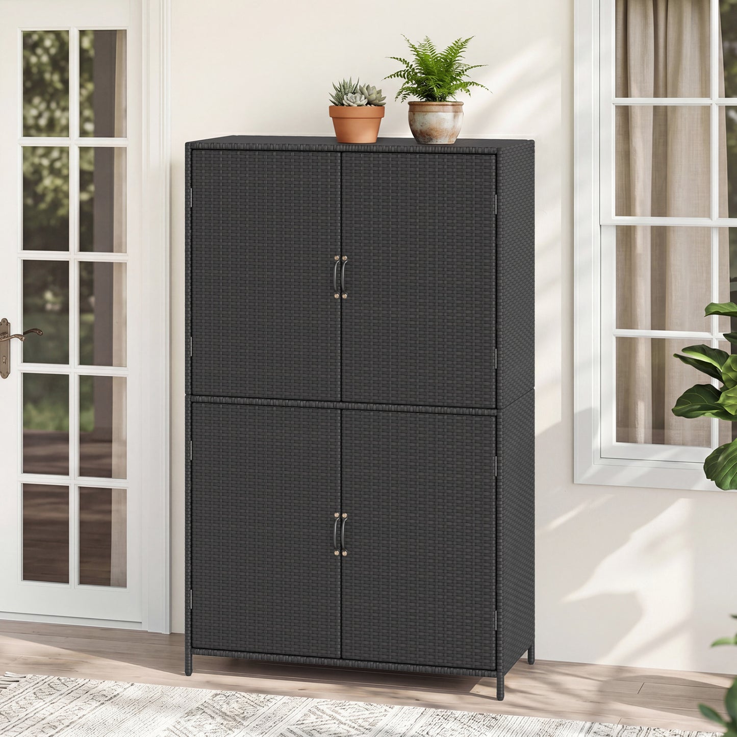 4-Door Rattan Vertical Storage Shed with Adjustable Shelves, Black Sheds & Outdoor Storage at Gallery Canada