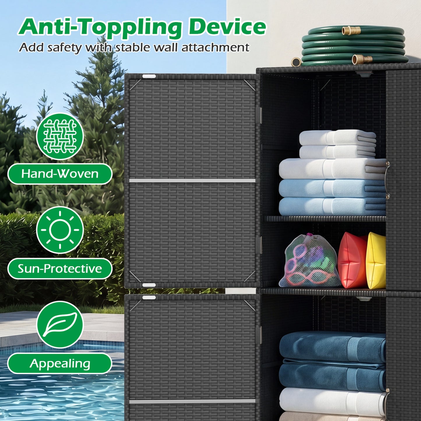 4-Door Rattan Vertical Storage Shed with Adjustable Shelves, Black Sheds & Outdoor Storage at Gallery Canada
