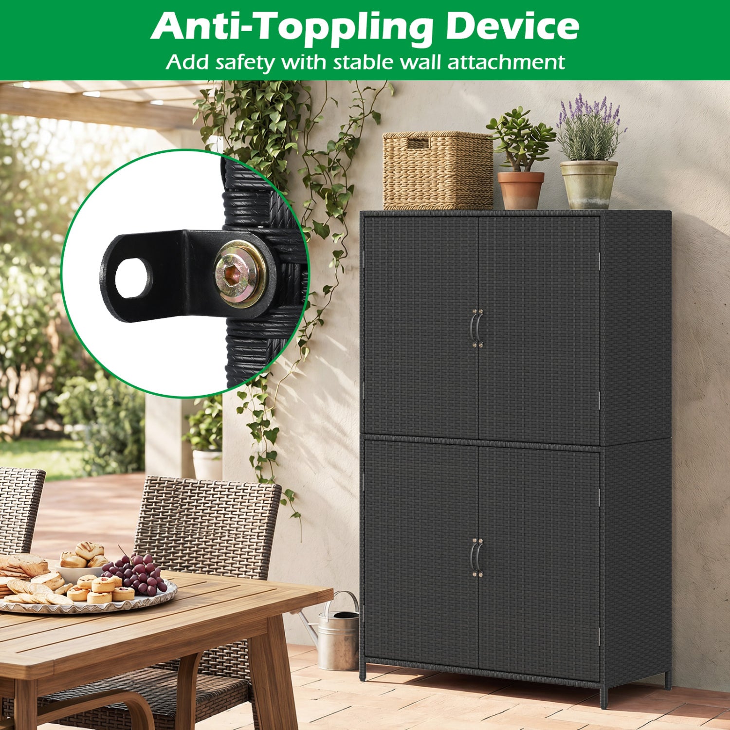 4-Door Rattan Vertical Storage Shed with Adjustable Shelves, Black Sheds & Outdoor Storage at Gallery Canada