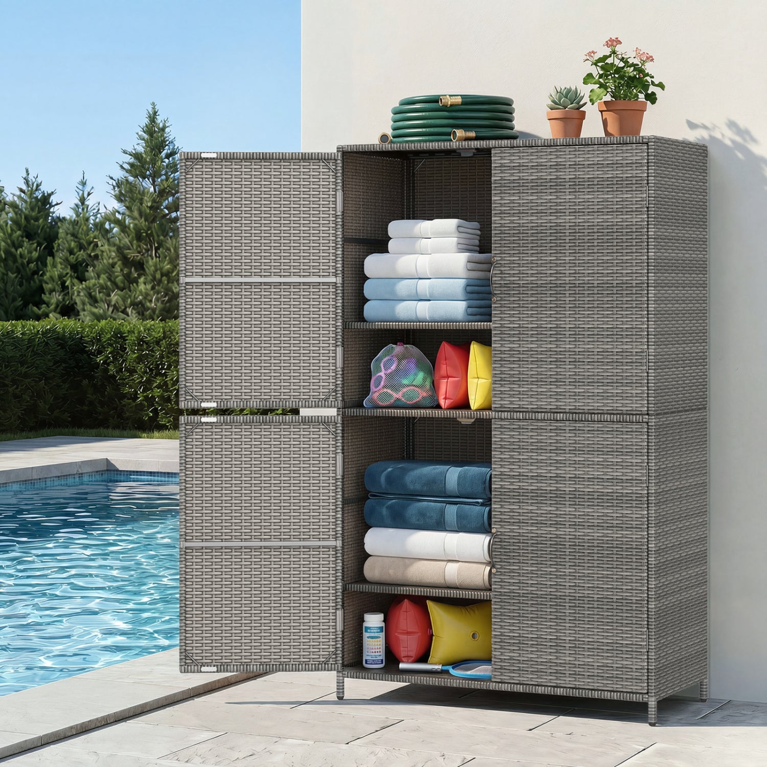 4-Door Rattan Vertical Storage Shed with Adjustable Shelves, Gray Sheds & Outdoor Storage at Gallery Canada