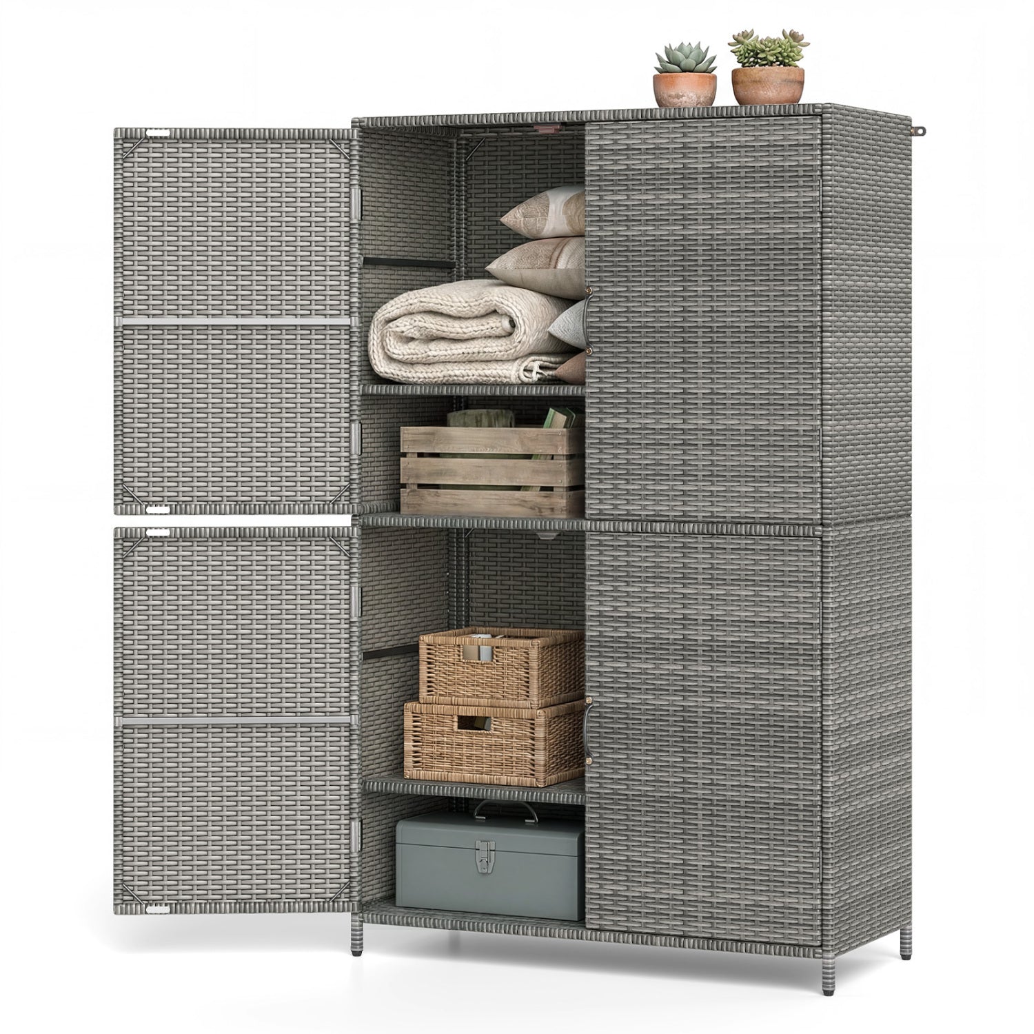 4-Door Rattan Vertical Storage Shed with Adjustable Shelves, Gray Sheds & Outdoor Storage at Gallery Canada