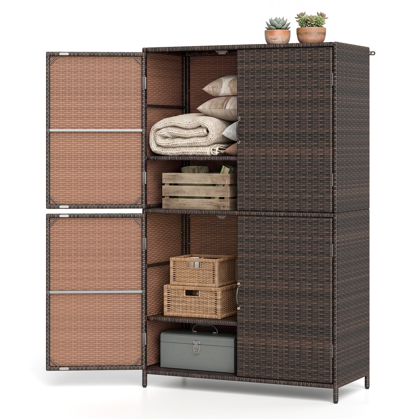 4-Door Rattan Storage Shed, Brown