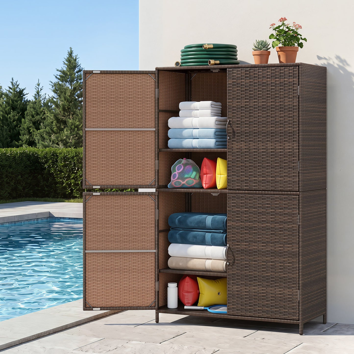 4-Door Rattan Storage Shed, Brown