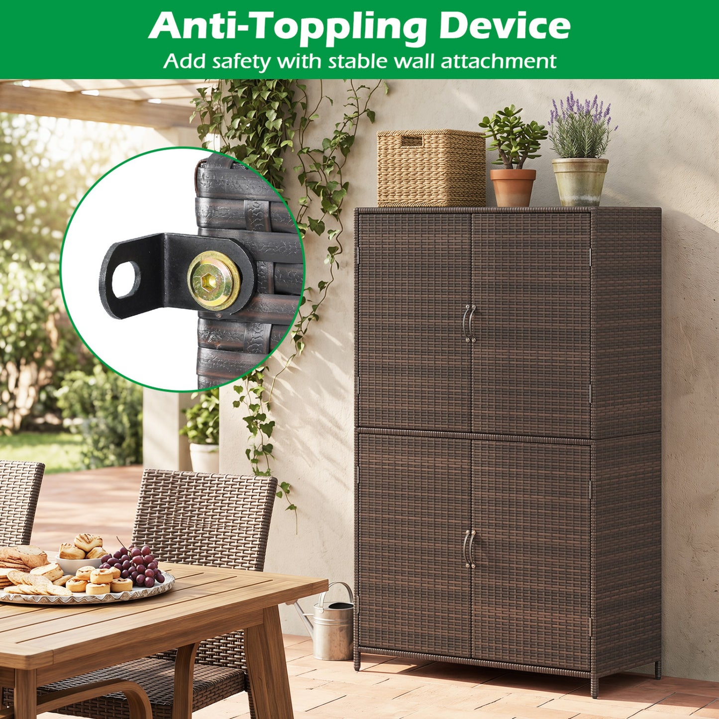 4-Door Rattan Storage Shed, Brown