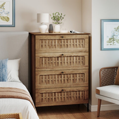 4-Drawer Dresser with Interlocking Mechanism and Metal Legs for Bedroom, Oak