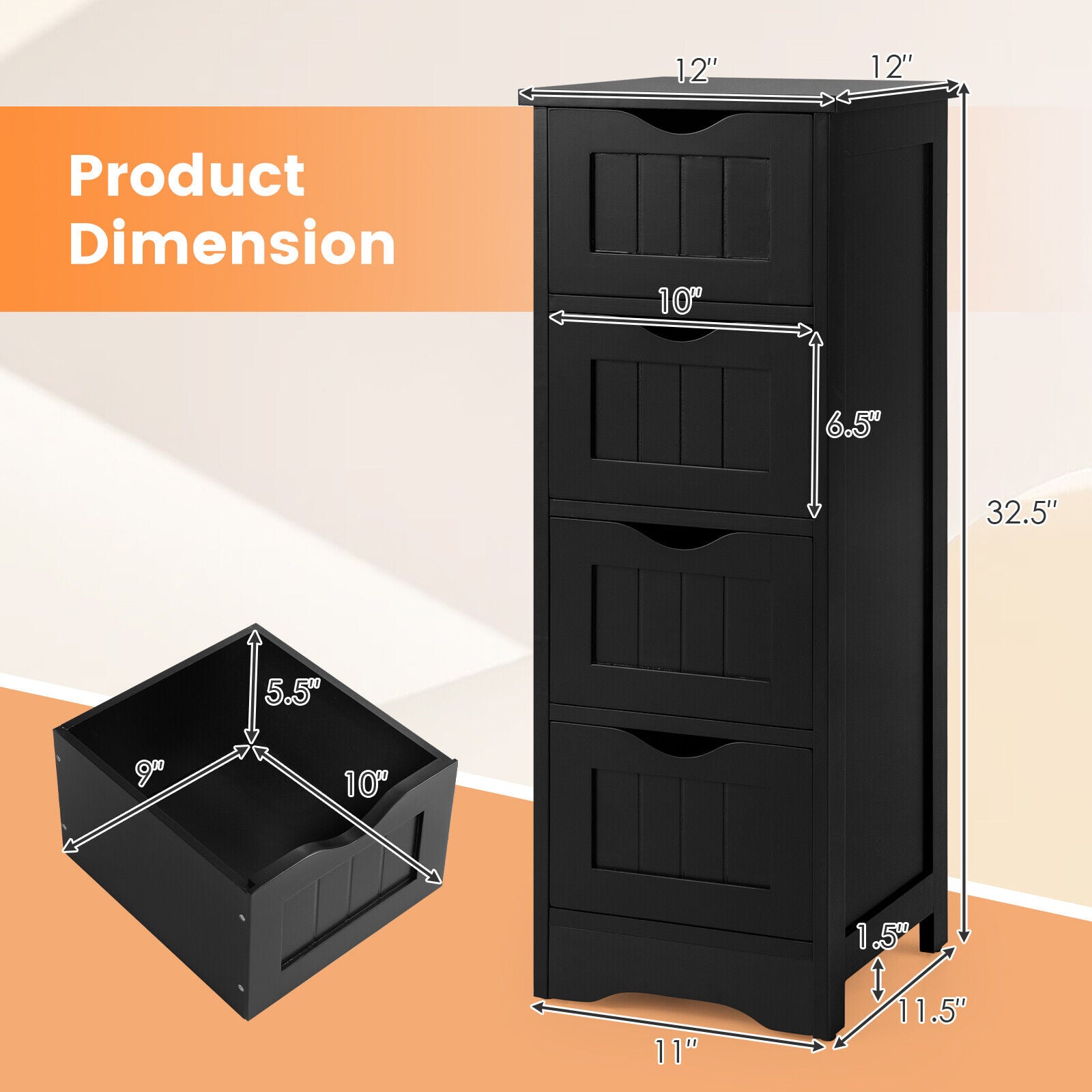 4-Drawer Freestanding Floor Cabinet with Anti-Toppling Device, Black Floor Cabinets at Gallery Canada