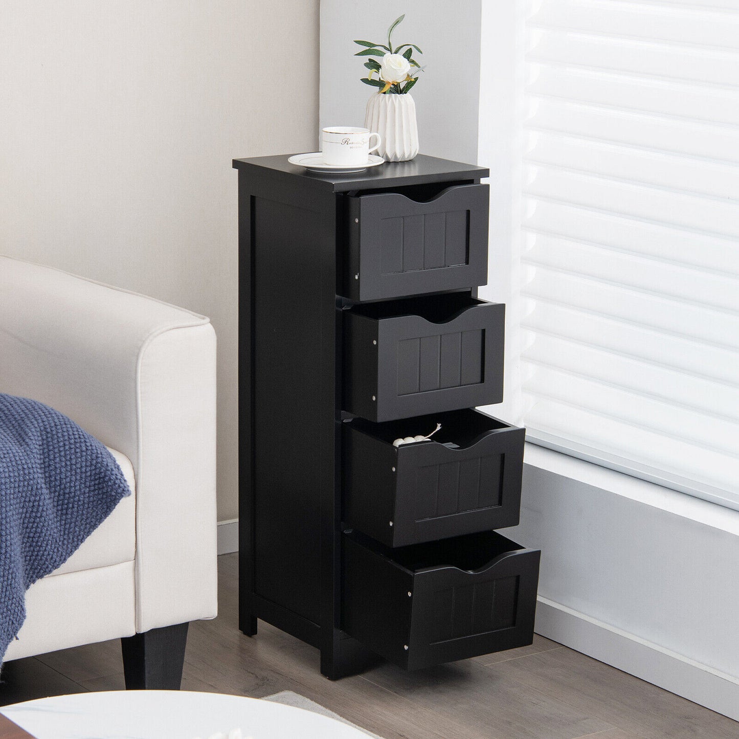 4-Drawer Freestanding Floor Cabinet with Anti-Toppling Device, Black Floor Cabinets at Gallery Canada