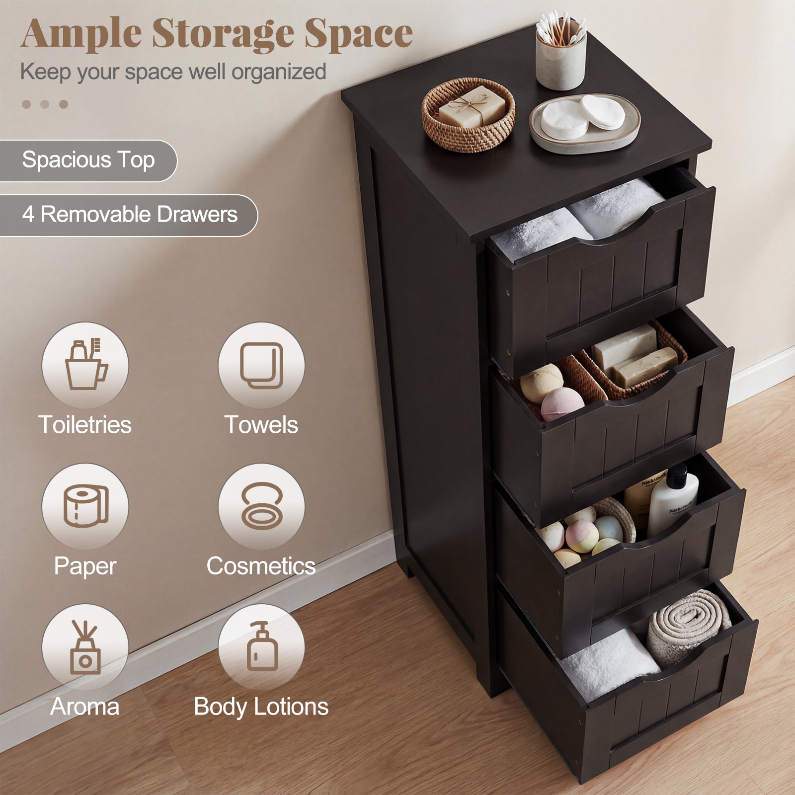 4-Drawer Freestanding Floor Cabinet, Dark Brown Floor Cabinets at Gallery Canada