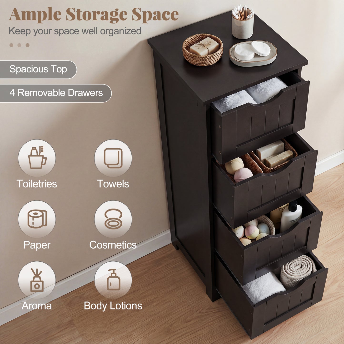4-Drawer Freestanding Floor Cabinet, Dark Brown Floor Cabinets at Gallery Canada