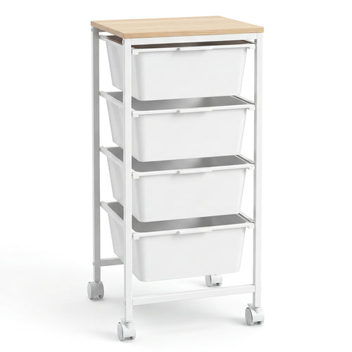 4-Drawer Rolling Storage Cart Mobile Utility Organizer with Wooden Tabletop and Lockable Wheels, White