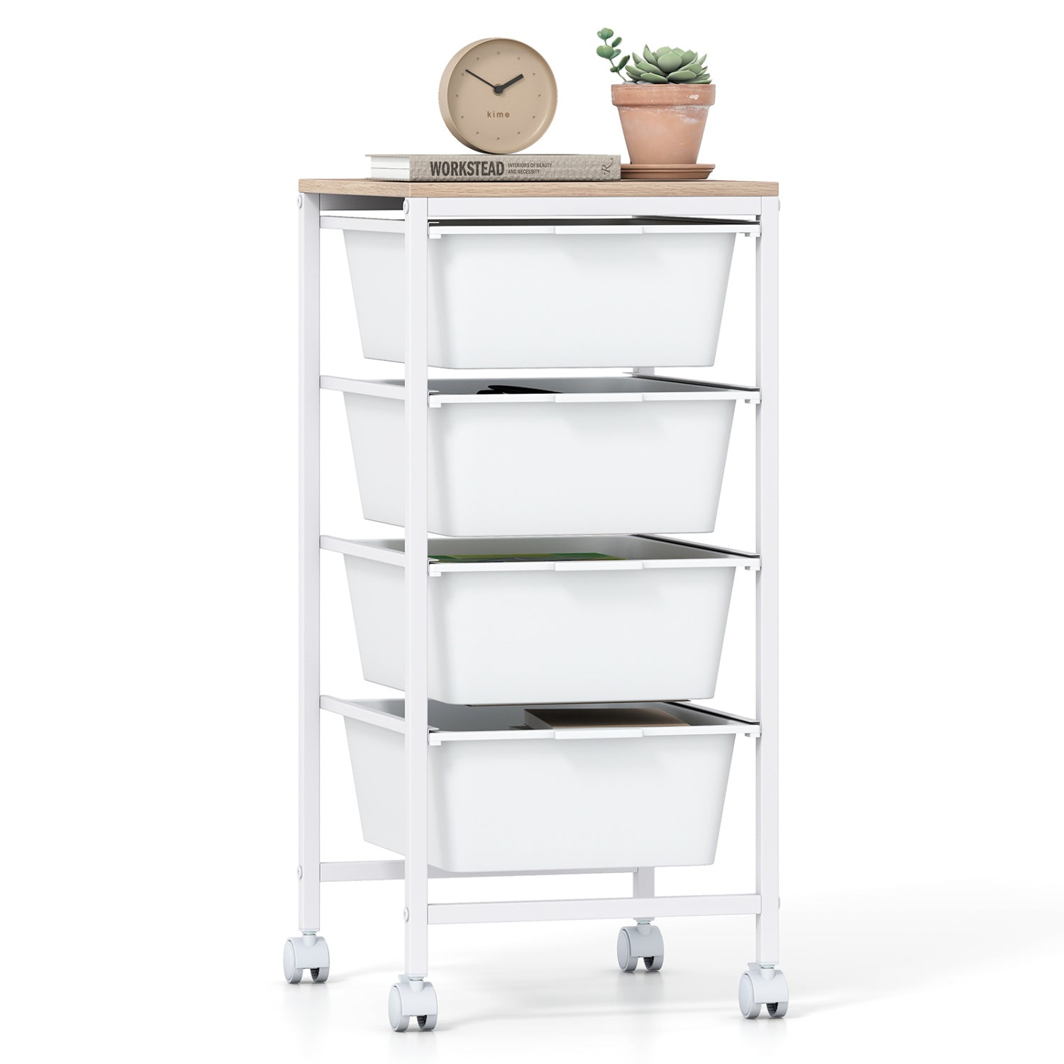 4-Drawer Rolling Storage Cart Mobile Utility Organizer with Wooden Tabletop and Lockable Wheels, White File Cabinets at Gallery Canada