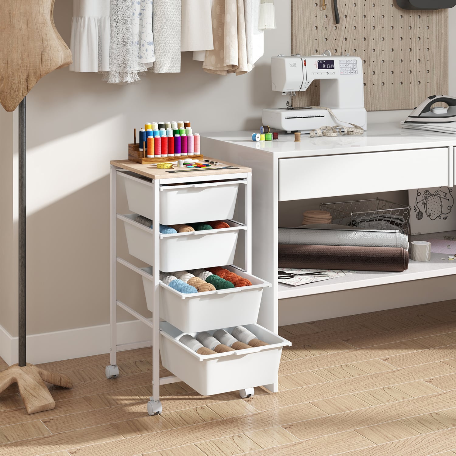 4-Drawer Rolling Storage Cart Mobile Utility Organizer with Wooden Tabletop and Lockable Wheels, White File Cabinets at Gallery Canada