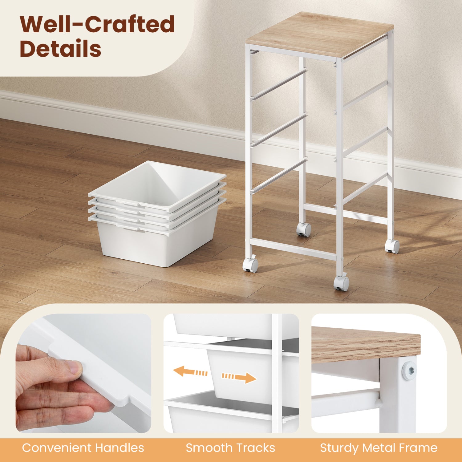 4-Drawer Rolling Storage Cart Mobile Utility Organizer with Wooden Tabletop and Lockable Wheels, White File Cabinets at Gallery Canada