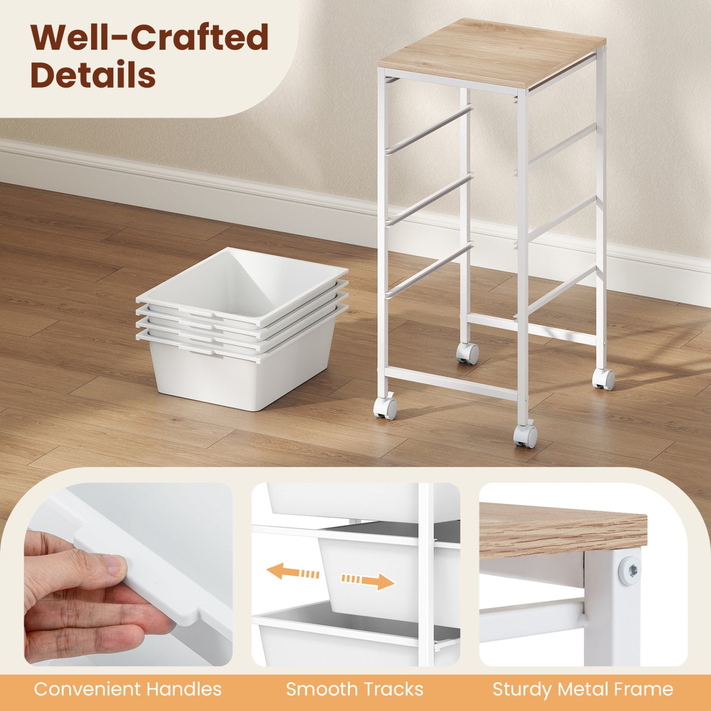 4-Drawer Rolling Storage Cart Mobile Utility Organizer with Wooden Tabletop and Lockable Wheels, White File Cabinets at Gallery Canada