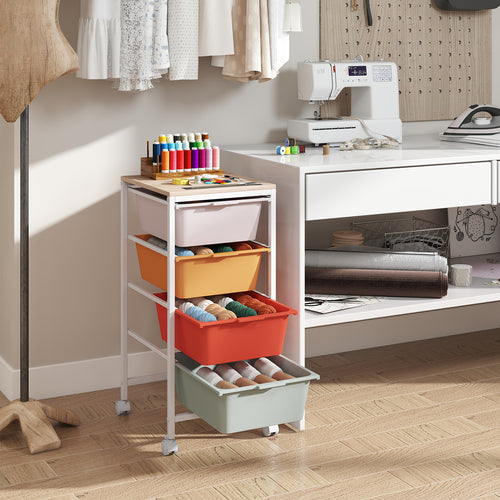 4-Drawer Rolling Storage Cart, Wooden Tabletop, Lockable Wheels, Macaron
