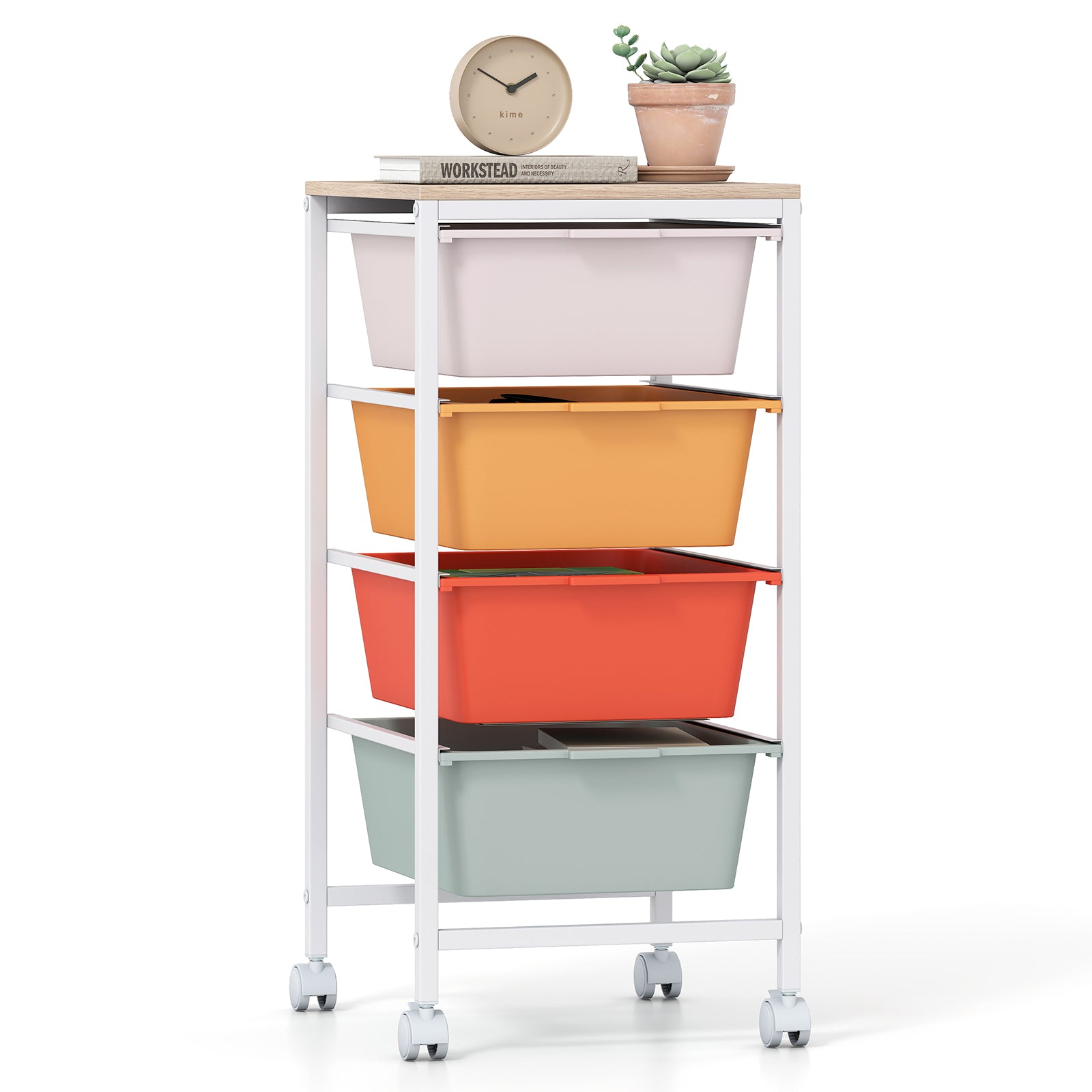 4-Drawer Rolling Storage Cart, Wooden Tabletop, Lockable Wheels, Macaron File Cabinets Macaron at Gallery Canada